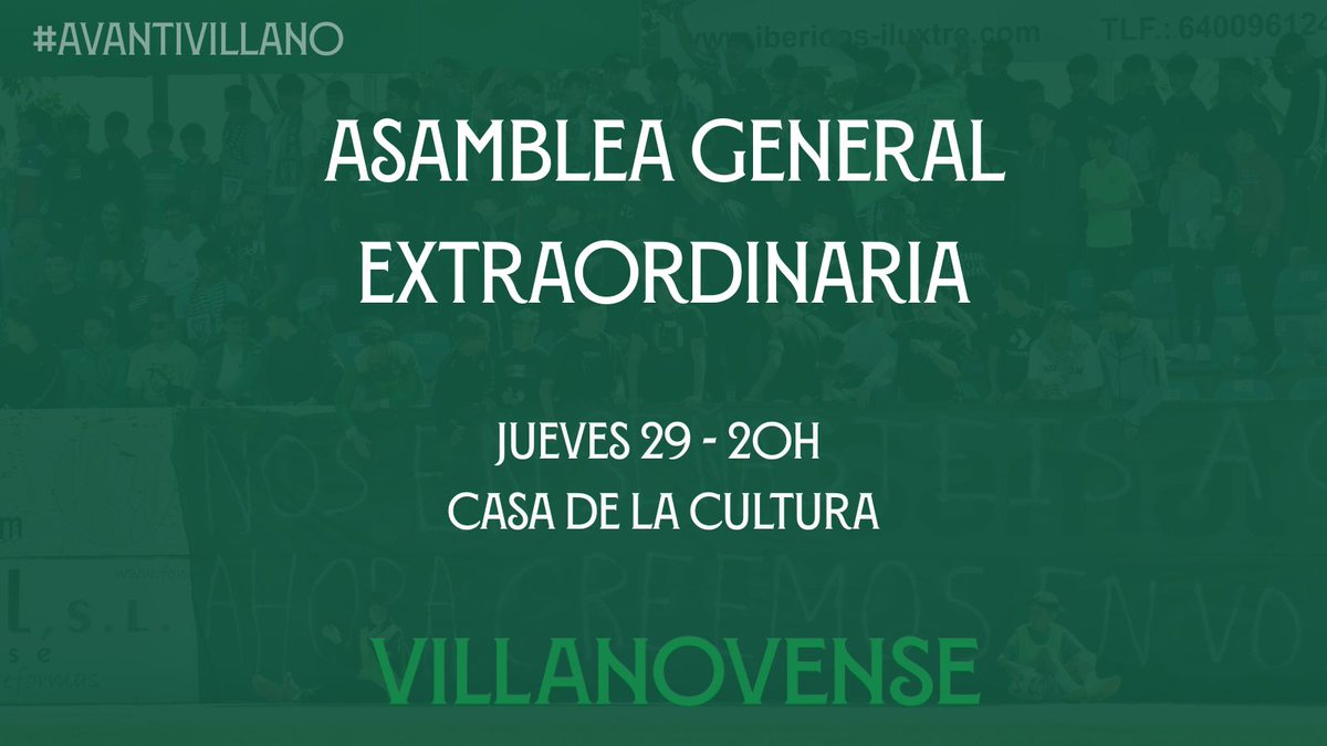 📣 La Junta Directiva del CF Villanovense convoca por la vía de urgencia a todos sus socios a una Asamblea General Extraordinaria 🟢⚪️

🗓 Jueves 29 de mayo
🕗 20:00h (1ª convocatoria) - 20:30 (2ª)
📍 Casa de la Cultura, Villanueva de la Serena

ℹ️ villanovense.es/web20/asamblea…