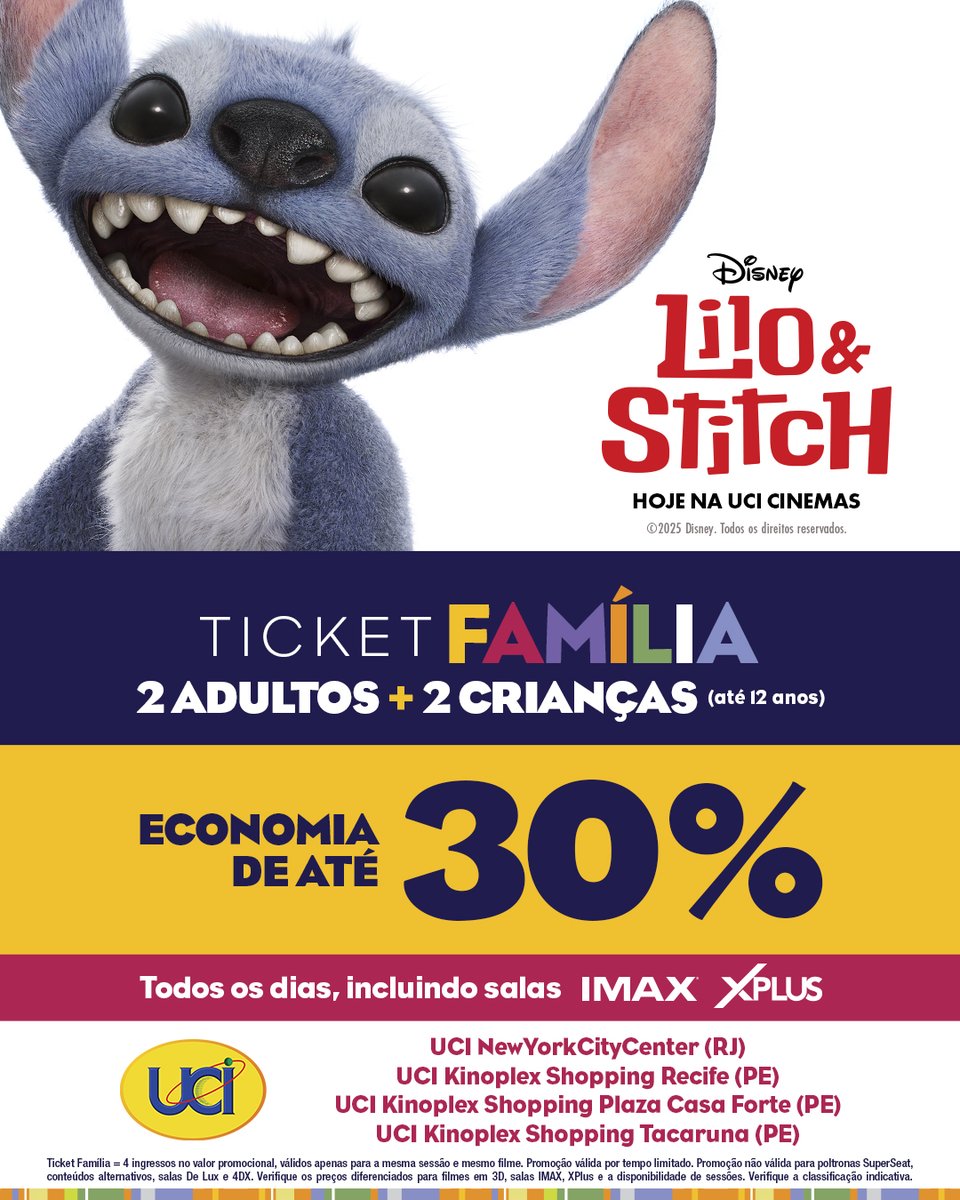 Na compra de 4 ingressos (2 adultos + 2 crianças até 12 anos) você entra pra promoção #TicketFamília da UCI e garante 30% de desconto nas unidades:

📍 UCI New York City Center (RJ)
📍 UCI Shopping Recife (PE)
📍 UCI Casa Forte (PE)
📍 UCI Shopping Tacaruna (PE) 

Aproveite! 😱😍
