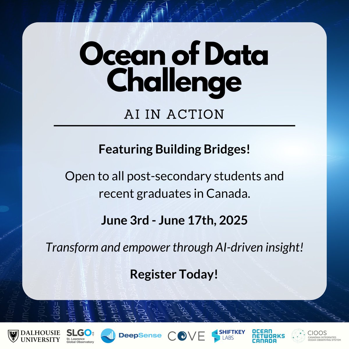 CIOOS_SIOOC (@cioos_siooc) on Twitter photo Students across Canada, test your skills in the Ocean of Data Challenge! Hosted by <a href="/DeepSenseCA/">DeepSenseCA</a> and featuring Building Bridges! Join virtually on June 3rd at 6 pm AST to learn how AI is being used in the ocean sector. Register: lnkd.in/gKJQk77T. Students across Canada, test your skills in the Ocean of Data Challenge! Hosted by <a href="/DeepSenseCA/">DeepSenseCA</a> and featuring Building Bridges! Join virtually on June 3rd at 6 pm AST to learn how AI is being used in the ocean sector. Register: lnkd.in/gKJQk77T.