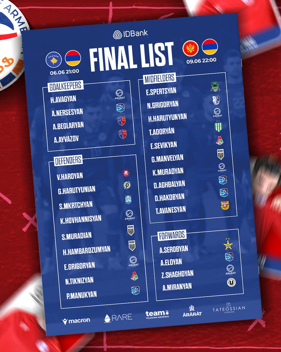 📢 Squad Announcement!!!

Head coach John van’t Schip has named the final list for the upcoming friendlies vs 🇽🇰 Kosovo (June 6) &amp; 🇲🇪 Montenegro (June 9)!

#havaqakan #Armenia