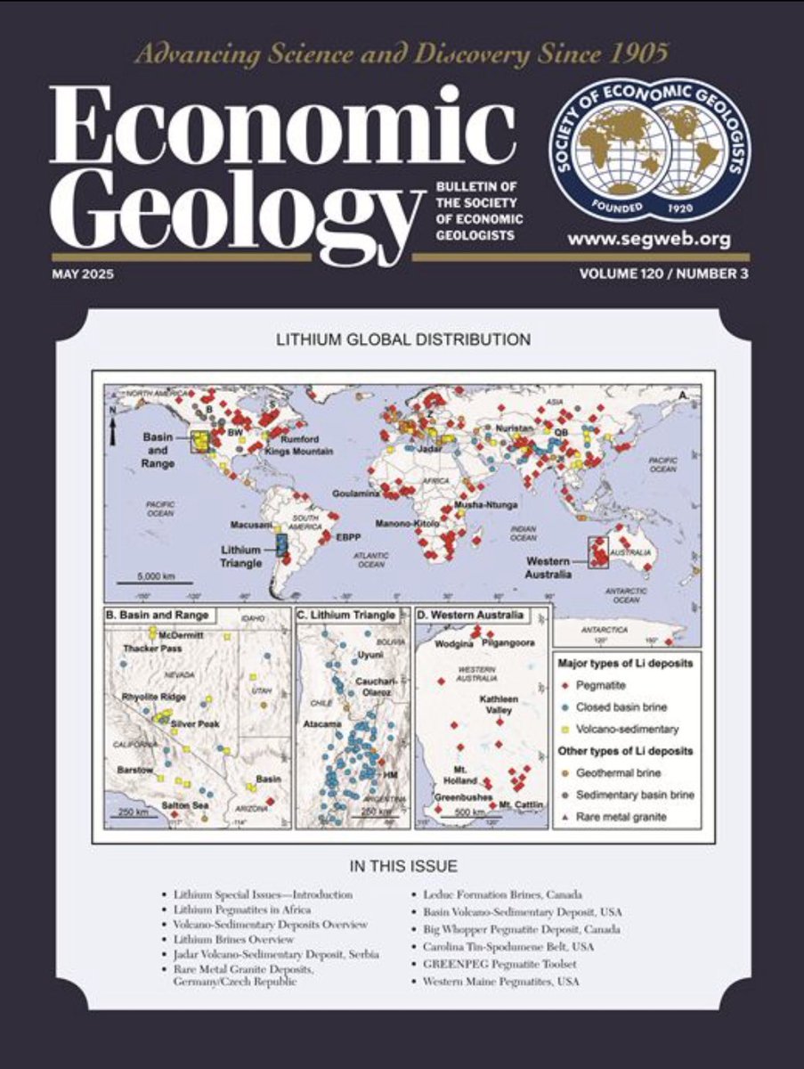 Lithium_ARG's tweet image. We're proud to share that the May 2025 issue of Economic Geology, the leading academic journal in the field, is a Special Issue organized and edited by our VP of Global Exploration, Tom Benson (@tomvolcano). The issue explores the evolving understanding of lithium deposits—a…