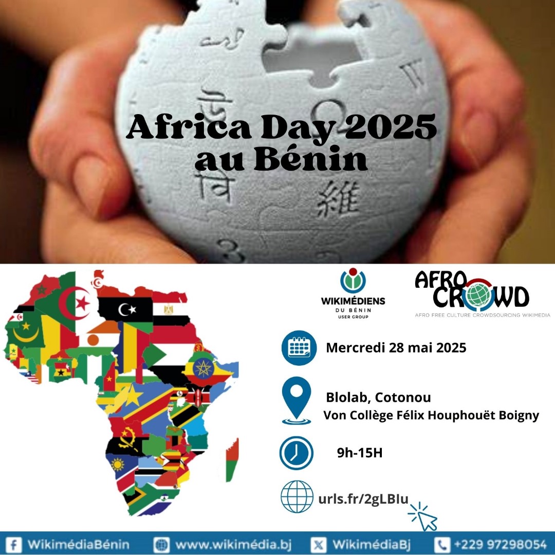 Demain mercredi 28 juin 2025 au siège du <a href="/BLOLAB_BENIN/">BLOLAB Officiel</a> a partir de 9h, rejoins-nous pour un édit a thon pour célébrer #AfricaDay2025 a travers les contenus #Africains sur #Wikipédia #wikimedia #AfricaDay #WikimediaBebin