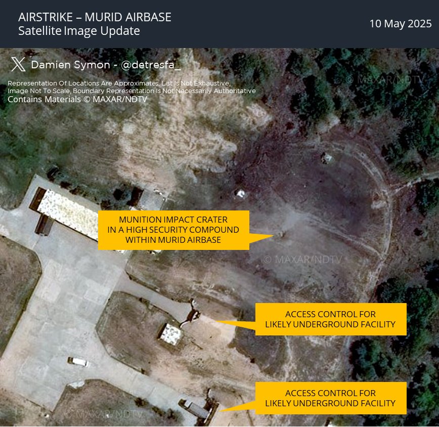 Damien Symon (@detresfa_) on Twitter photo This image shared by <a href="/VishnuNDTV/">Vishnu Som</a> shows a munition crater at Murid Airbase part of India's airstrike, just 30-meters from the entrance to likely special-use underground Pakistan Airforce facility This image shared by <a href="/VishnuNDTV/">Vishnu Som</a> shows a munition crater at Murid Airbase part of India's airstrike, just 30-meters from the entrance to likely special-use underground Pakistan Airforce facility