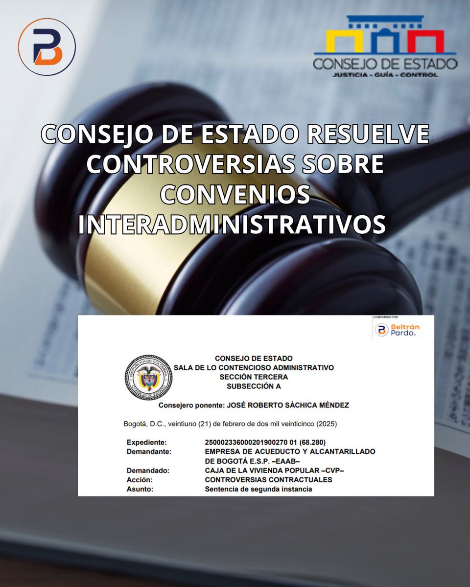 BELTRÁN PARDO ABOGADOS & ASOCIADOS. (@bpaabogados) on Twitter photo CONTROVERSIAS SOBRE CONVENIOS INTERADMINISTRATIVOS👩⚖️
Una reciente sentencia del <a href="/consejodeestado/">Consejo de Estado</a> aclara que es posible acudir al medio de control de controversias contractuales en conflictos generados en el marco de estos convenios.
⚖ Aunque no buscan lucro, los convenios CONTROVERSIAS SOBRE CONVENIOS INTERADMINISTRATIVOS👩⚖️
Una reciente sentencia del <a href="/consejodeestado/">Consejo de Estado</a> aclara que es posible acudir al medio de control de controversias contractuales en conflictos generados en el marco de estos convenios.
⚖ Aunque no buscan lucro, los convenios