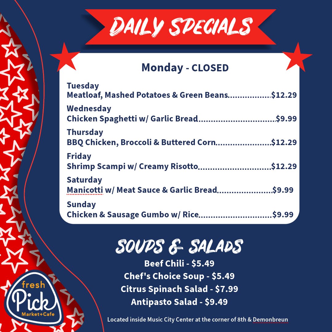 Back to work after a long weekend can be rough. Let <a href="/pick_cafe/">Fresh Pick Market and Cafe</a> help! #DailySpecials, snacks, &amp; more to put a little pep in your step! 🍔🍎☕  #DowntownNashville #LetsEat