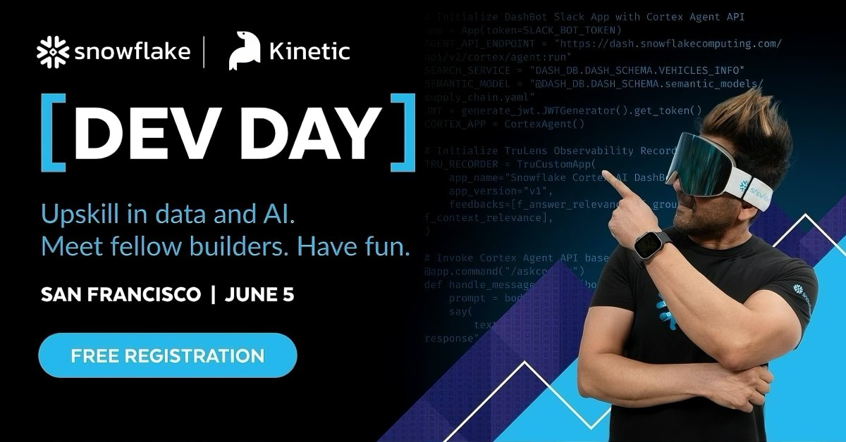 KineticLabs_'s tweet photo. We’re excited to be a part of #SnowflakeDevDay on June 5 in San Francisco! Get the latest in AI/ML, join a GenAI bootcamp, and connect with thousands of other builders. Register for free:
https://t.co/o8dCnb88c8 https://t.co/zsgnw8NnGV