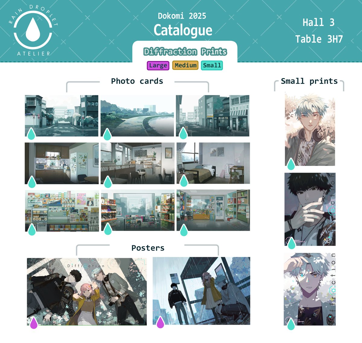 111Maka111's tweet photo. I'll be back at Dokomi this year and you can find me in the artist alley at table 3H07 ( RaindropletAtelier)! ✨

I will have the usual Diffraction merch, as well as some new Haikyuu, Detective conan and mob psycho! 

Map is in the replies below!
#dokomi2025 #artistsofdokomi2025 https://t.co/C7nGDuJdGd