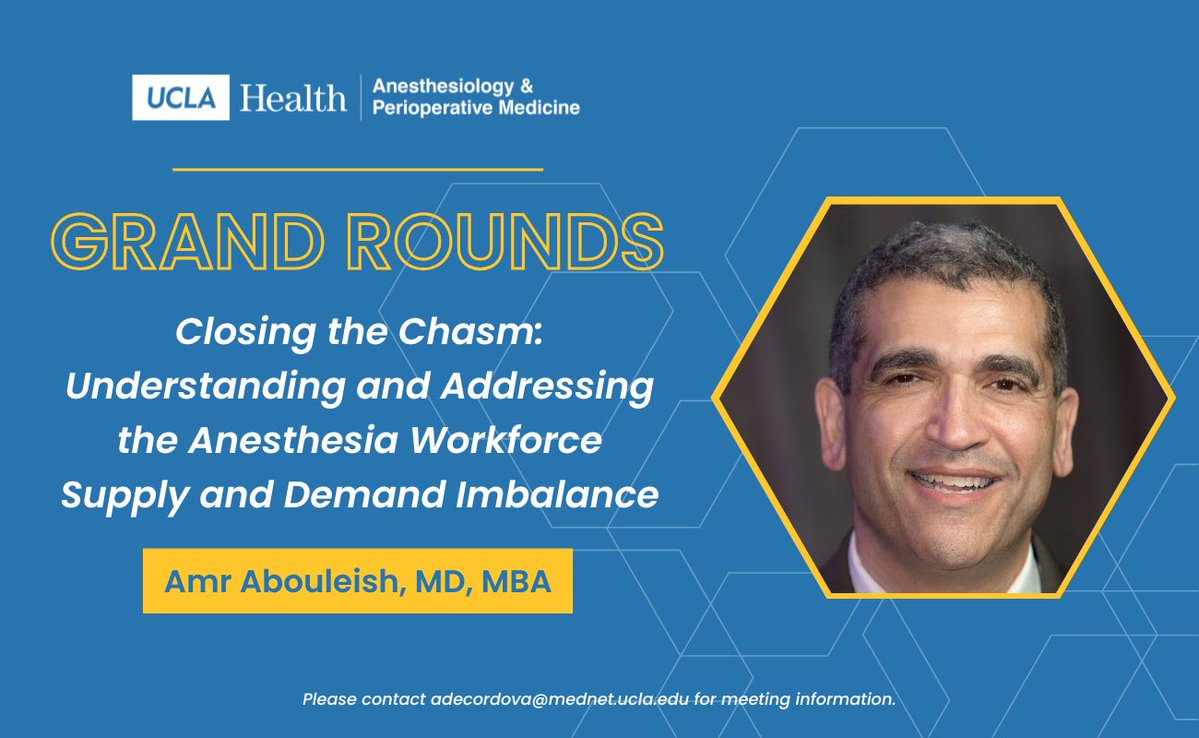 UCLA Anesthesiology (@uclaanes) on Twitter photo Amr Abouleish, MD, MBA, Professor of Pediatric Anesthesia and Vice Chair of Faculty Development <a href="/utmbhealth/">UTMB Health</a>, joins <a href="/UCLAAnes/">UCLA Anesthesiology</a> this week! Dr. Abouleish will present on the relationship between supply and demand in anesthesia as he leads tomorrow's #GrandRounds. 🏥⚕️ Amr Abouleish, MD, MBA, Professor of Pediatric Anesthesia and Vice Chair of Faculty Development <a href="/utmbhealth/">UTMB Health</a>, joins <a href="/UCLAAnes/">UCLA Anesthesiology</a> this week! Dr. Abouleish will present on the relationship between supply and demand in anesthesia as he leads tomorrow's #GrandRounds. 🏥⚕️