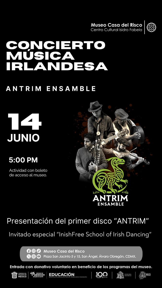 Les invitamos al concierto de música irlandesa🍀. Interpreta Antrim Ensamble. 
Este 14 de junio en punto de las 17 hrs.

#Museos #MCR #SanAngel #SanÁngel