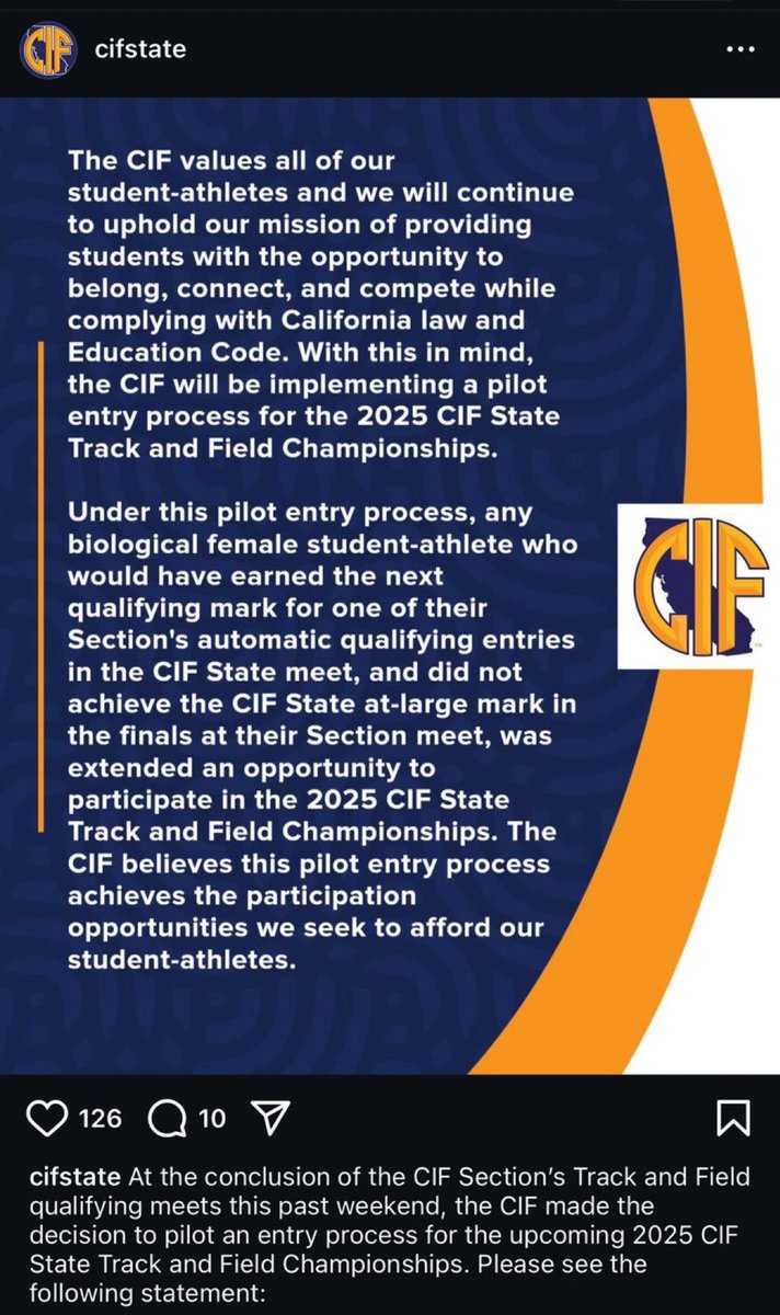 Riley Gaines (@riley_gaines_) on Twitter photo This is not an adequate response from <a href="/CIFSS/">CIF Southern Section</a> following Trump's threat to pull funds from CA. Boys would still be competing against girls.
They're fully admitting girls are being pushed out of their sports by boys. They just think the boys feelings matter more. This is not an adequate response from <a href="/CIFSS/">CIF Southern Section</a> following Trump's threat to pull funds from CA. Boys would still be competing against girls.
They're fully admitting girls are being pushed out of their sports by boys. They just think the boys feelings matter more.