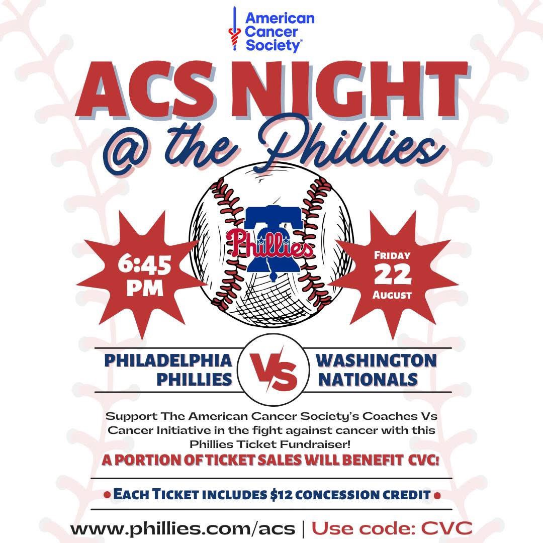 American Cancer Society Coaches vs. Cancer, Philly (@phillycvc) on Twitter photo Join us on August 22nd to see the best team in baseball Philadelphia Phillies   take on the Nationals. Use code "CVC" when purchasing tickets through phillies.com/acs for a portion of your ticket to be donated to Coaches vs. Cancer.
#CRUSHCANCER Join us on August 22nd to see the best team in baseball Philadelphia Phillies   take on the Nationals. Use code "CVC" when purchasing tickets through phillies.com/acs for a portion of your ticket to be donated to Coaches vs. Cancer.
#CRUSHCANCER