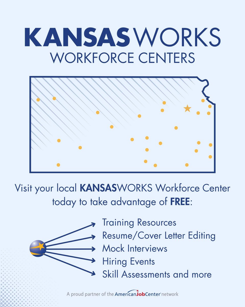 Did you know KANSASWORKS has over 2 dozen Workforce Centers across the state? Find your nearest one today to utilize a variety of resources designed to help you make the most of your job search! A complete list of locations and contact info can be found at kansasworks.com/contact