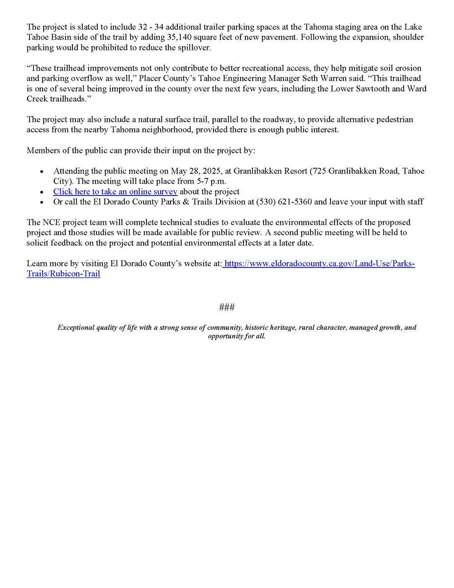 County of El Dorado (@countyeldorado) on Twitter photo Tahoma folks: There's a community meeting tomorrow evening re the Rubicon Trail parking lot. See the details below. There's also a survey that's open until June 13th. <a href="/PlacerCA/">Placer County</a> Tahoma folks: There's a community meeting tomorrow evening re the Rubicon Trail parking lot. See the details below. There's also a survey that's open until June 13th. <a href="/PlacerCA/">Placer County</a>