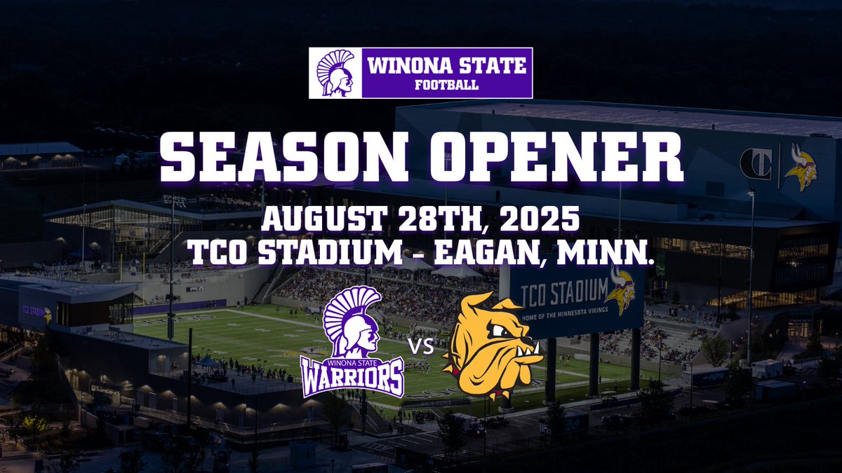 Winona State Warriors (@winonastateath) on Twitter photo 𝑺𝑬𝑨𝑺𝑶𝑵 𝑶𝑷𝑬𝑵𝑬𝑹🏈
<a href="/WinonaState_FB/">Winona State Football</a> will open the 2025 season under the lights on Thursday, August 28th at TCO Stadium at Vikings Lakes! WSU and UMD will square off in the first ever NCAA football game at TCO Stadium.
2025 Schedule Release: winonastatewarriors.com/news/2025/5/27… 𝑺𝑬𝑨𝑺𝑶𝑵 𝑶𝑷𝑬𝑵𝑬𝑹🏈
<a href="/WinonaState_FB/">Winona State Football</a> will open the 2025 season under the lights on Thursday, August 28th at TCO Stadium at Vikings Lakes! WSU and UMD will square off in the first ever NCAA football game at TCO Stadium.
2025 Schedule Release: winonastatewarriors.com/news/2025/5/27…