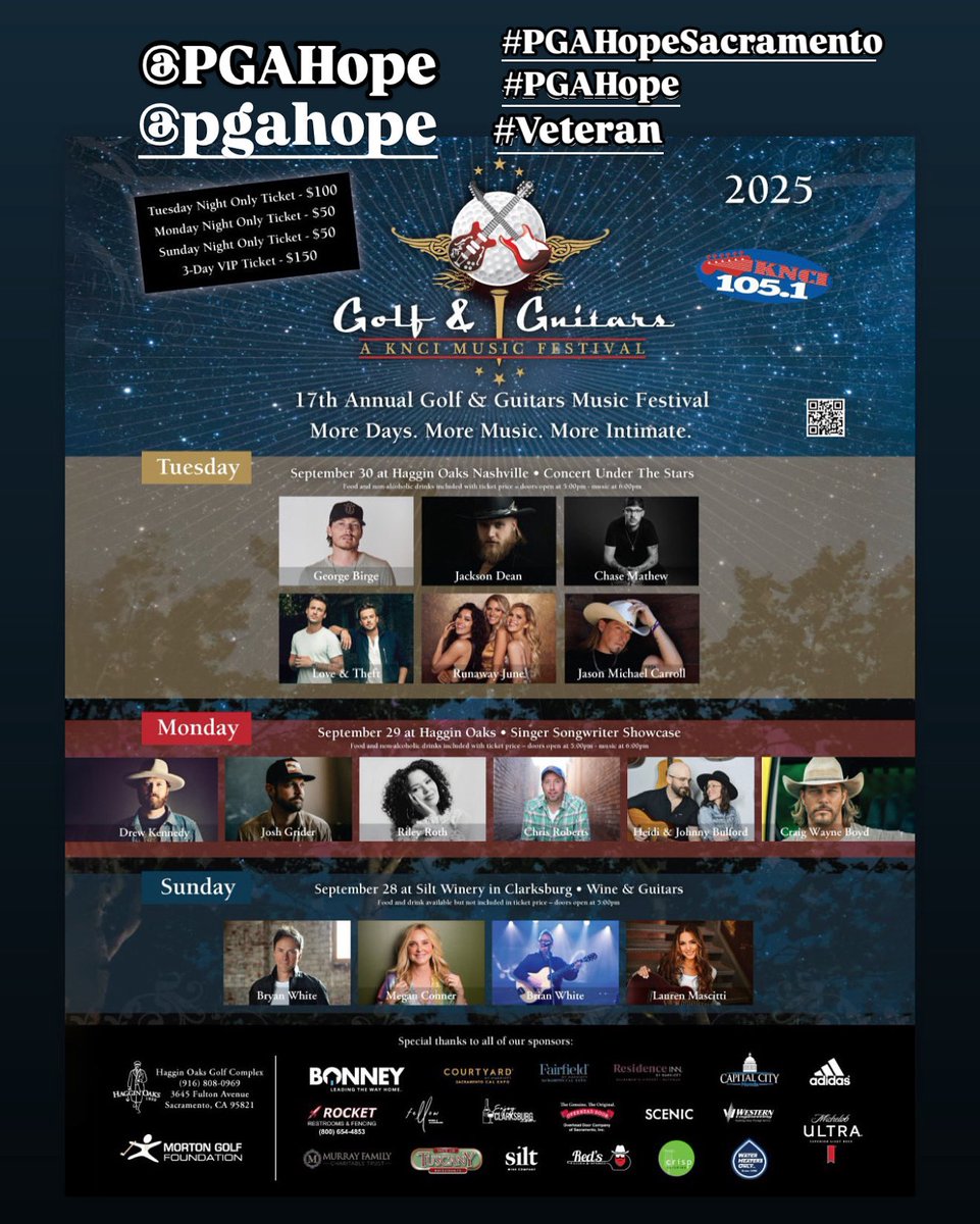 #GolfAndGuitars TICKETS ARE AVAILABLE  N  O  W ! ! !
•
Get your tickets now and come support some GREAT CAUSES!
•
Much Love, JMC
•
#PGAHope
#PGAHopeSacramento
#Veteran #VeteranSupport <a href="/1051KNCI/">1051knci</a>