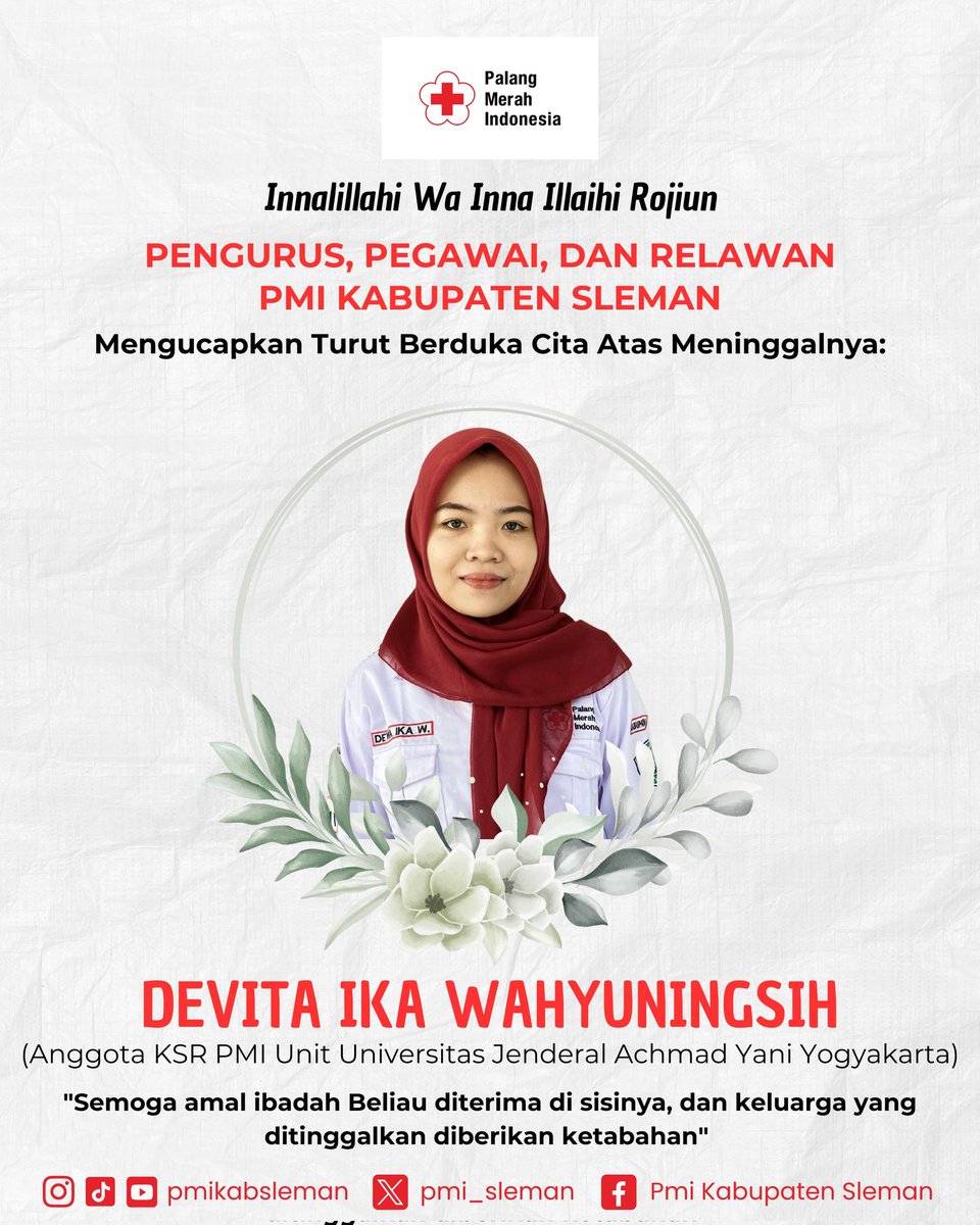 PMI Kabupaten Sleman berduka 🥀

Segenap Keluarga Besar PMI Kabupaten Sleman mengucapkan turut berduka cita atas meninggalnya Saudari Devita Ika Wahyuningsih (Anggota KSR PMI Unit UNJAYA)

Semoga ibadah beliau diterima di sisinya dan keluarga yang ditinggalkan diberi ketabahan