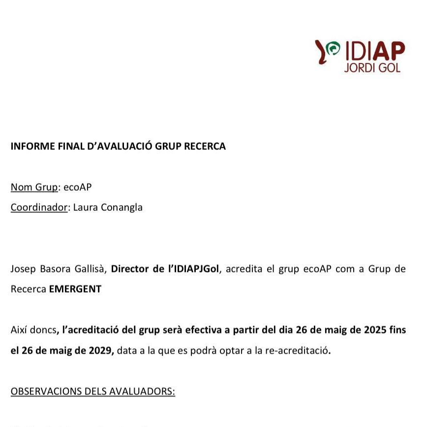 🎉 Ha costat… sang, suor i llàgrimes… però ja és una realitat!!!
👉 ecoAP ha estat acreditat com a grup de recerca per l’<a href="/IDIAPJGol/">IDIAPJGol</a> 💪🏻👏🏻

I això no és tot…
🏆 Dues membres del grup, la Vicky Cendrós i la Mònica Solanes, han estat premiades amb ajuts IDIAP 2025! 👏🏻👏🏻