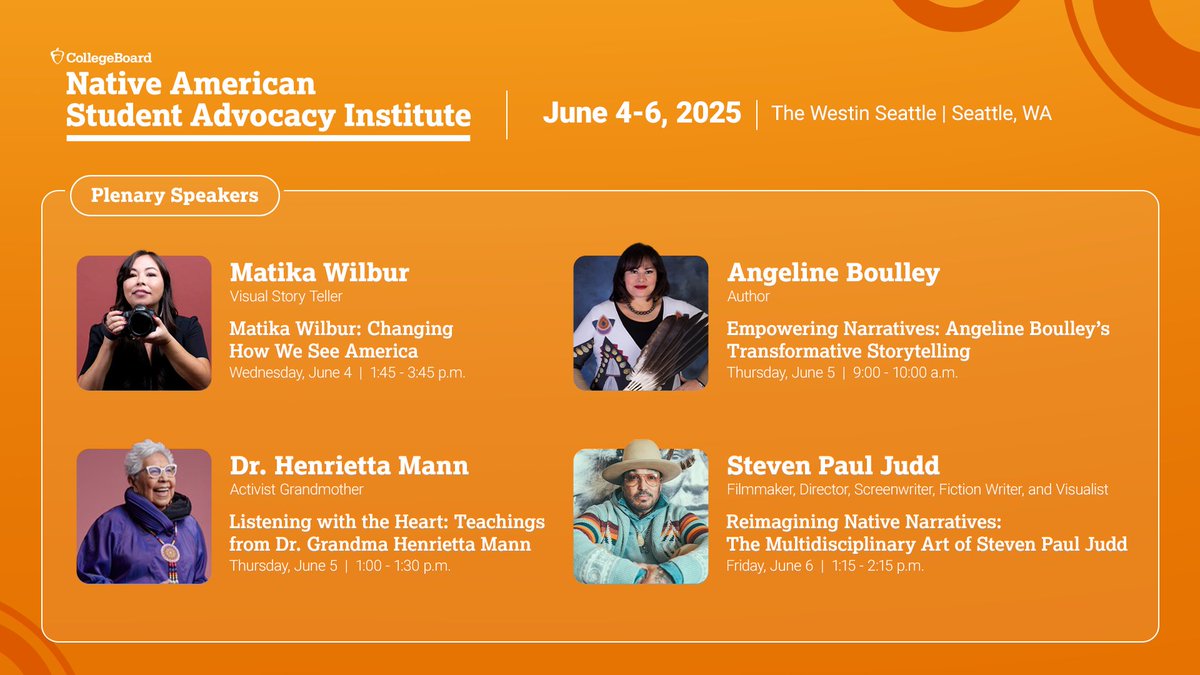 College Board (@collegeboard) on Twitter photo #NASAI25 is coming soon! Join us in Seattle June 4-6 for our engaging plenary sessions feat. acclaimed Native storytellers 📸 Matika Wilbur, 📖 Angeline Boulley (<a href="/FineAngeline/">Angeline Boulley - #FIREKEEPERSDAUGHTER</a>), 📢 Dr. Henrietta Mann, & 🎥 Steven Paul Judd.
🔗 Learn more & register now: spr.ly/6015Nx5FS #NASAI25 is coming soon! Join us in Seattle June 4-6 for our engaging plenary sessions feat. acclaimed Native storytellers 📸 Matika Wilbur, 📖 Angeline Boulley (<a href="/FineAngeline/">Angeline Boulley - #FIREKEEPERSDAUGHTER</a>), 📢 Dr. Henrietta Mann, & 🎥 Steven Paul Judd.
🔗 Learn more & register now: spr.ly/6015Nx5FS