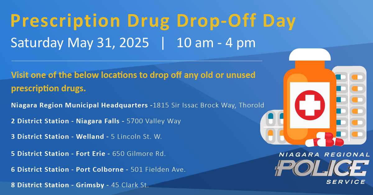 NRPS (@niagregpolice) on Twitter photo Have old or unused medications at home?
Drop them off for safe disposal on Saturday May 31st, from 10am-4pm at one of 6 locations across #Niagara.
Help us protect our community from potential prescription misuse.
In partnership with Niagara Region Public Health & <a href="/niagarahealth/">NiagaraHealth</a> Have old or unused medications at home?
Drop them off for safe disposal on Saturday May 31st, from 10am-4pm at one of 6 locations across #Niagara.
Help us protect our community from potential prescription misuse.
In partnership with Niagara Region Public Health & <a href="/niagarahealth/">NiagaraHealth</a>