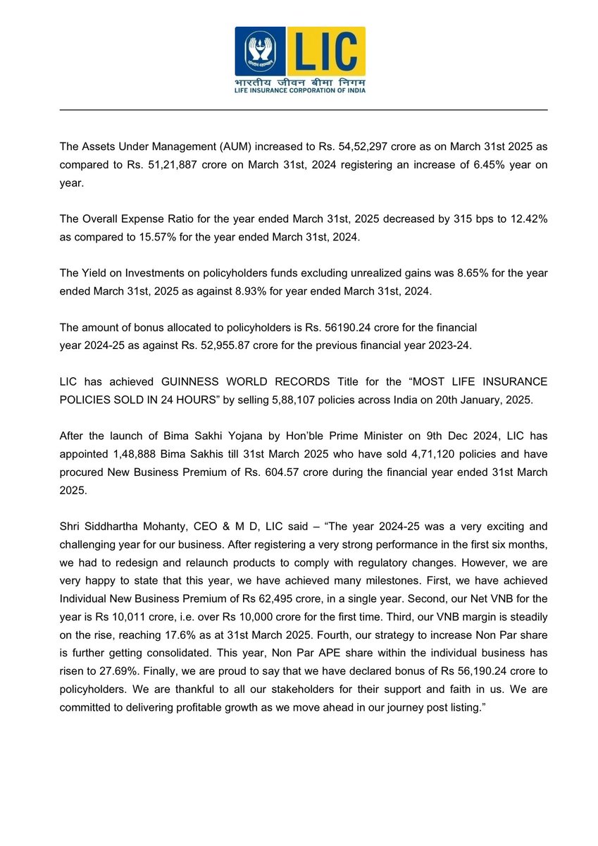 LICIndiaForever's tweet image. Performance Update for the Year ended March 31st, 2025 (FY 2025)

#LIC #PerformanceUpdate #monthend