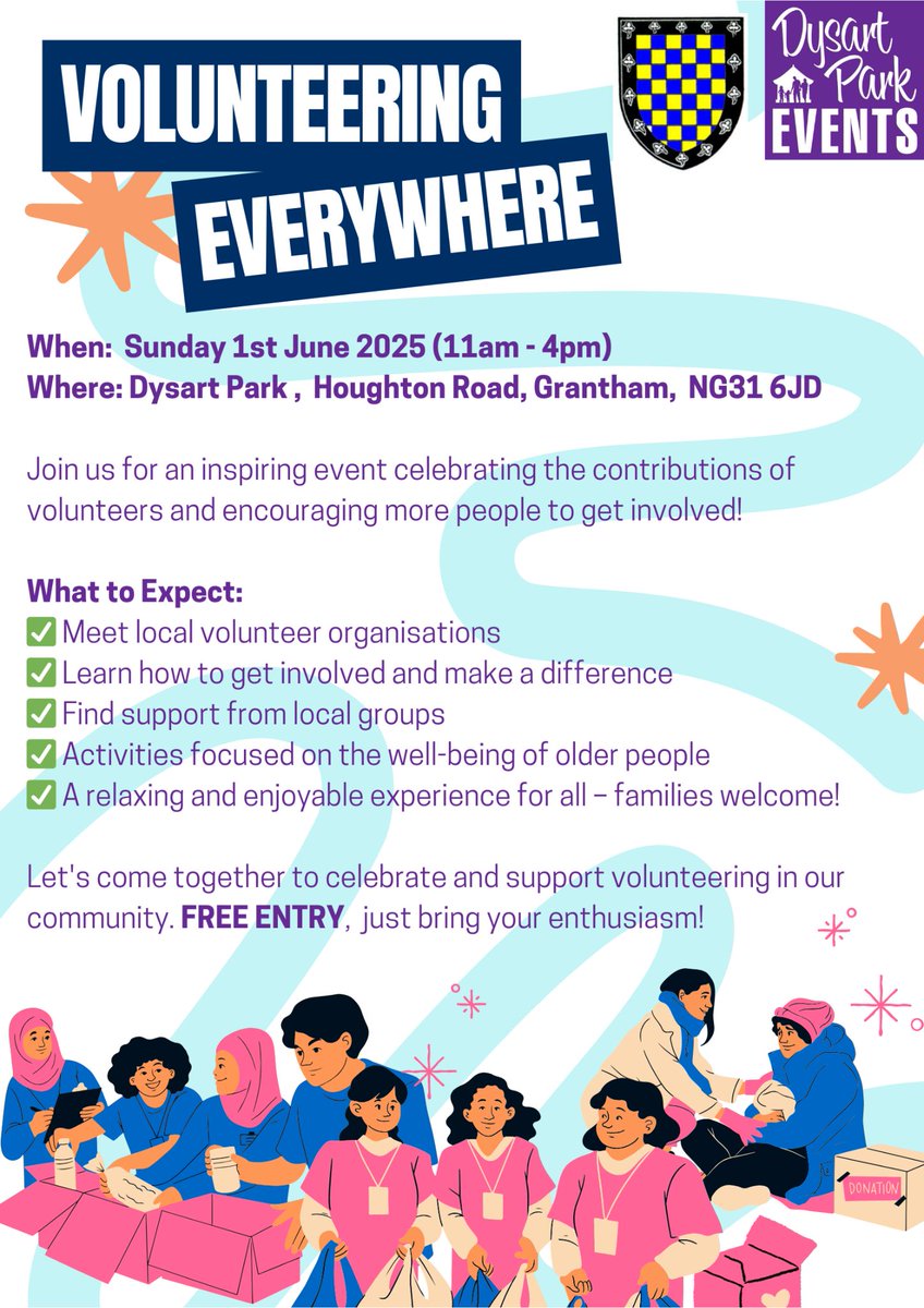 🤝❤️Volunteering everywhere event 
📅Sunday 1st June 2025, 11am - 4pm
Join us for an inspiring event  held at Dysart Park, Houghton Road Grantham, NG31 6JD, to celebrate the contributions of volunteers!
For more information on this fantastic free event, view the poster below!