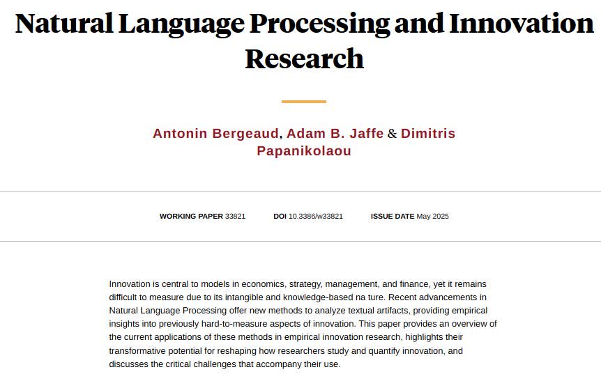 NBER (@nberpubs) on Twitter photo Assessing the potential and pitfalls of using Natural Language Processing in social science research on innovation, from <a href="/a_bergeaud/">Antonin Bergeaud</a>, Adam B. Jaffe, and <a href="/DimitrisPapan20/">Dimitris Papanikolaou</a> nber.org/papers/w33821 Assessing the potential and pitfalls of using Natural Language Processing in social science research on innovation, from <a href="/a_bergeaud/">Antonin Bergeaud</a>, Adam B. Jaffe, and <a href="/DimitrisPapan20/">Dimitris Papanikolaou</a> nber.org/papers/w33821