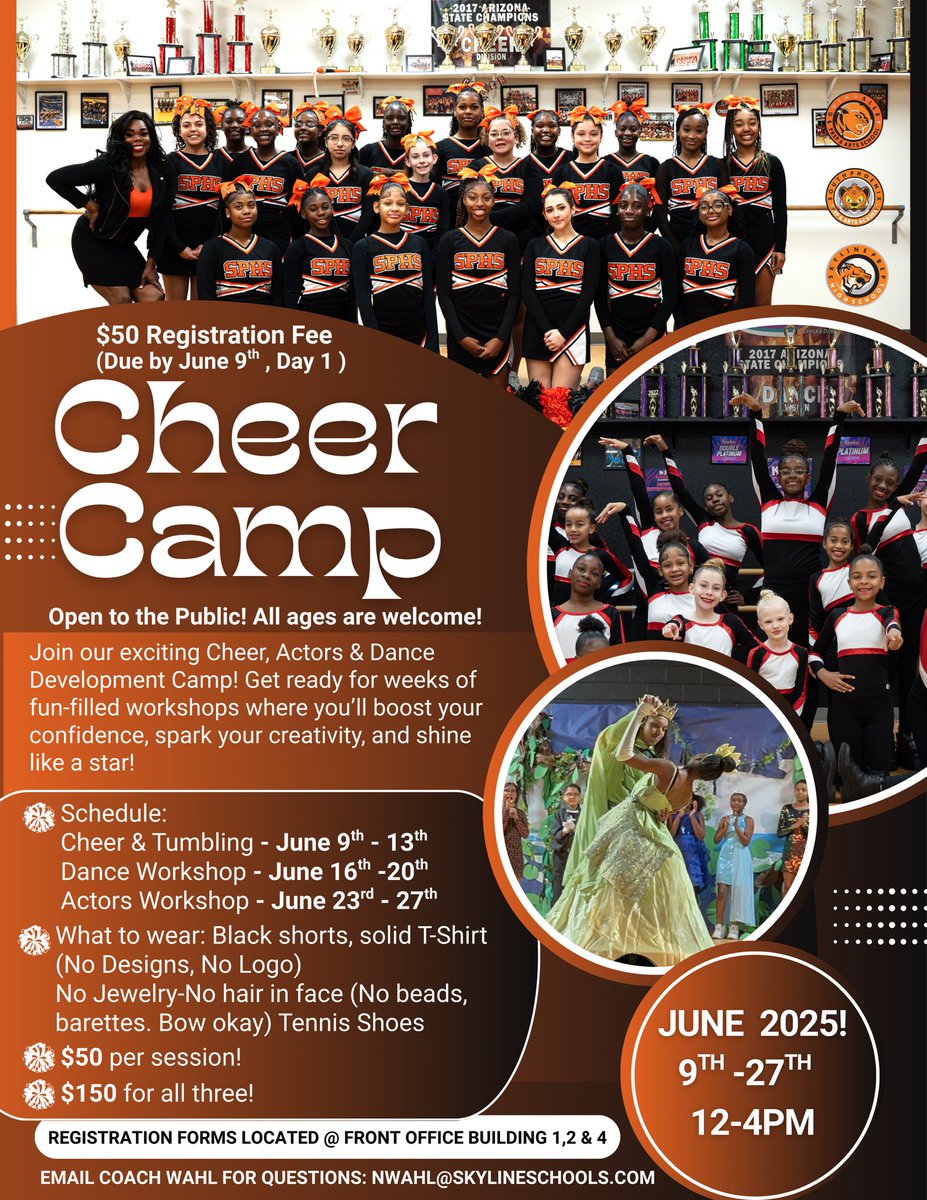 SkylineEd's tweet image. 🎉 Join us at Skyline Prep for Cheer, Dance &amp;amp; Acting Camp! Open to all ages—get ready to build skills, have fun, and shine! ✨
📅 June 9–27 | 🕛 12–4PM
💵 $50/session or $150 for all 3
📍Register in Buildings 1, 2, or 4
👕 Black shorts, solid tee, tennis shoes