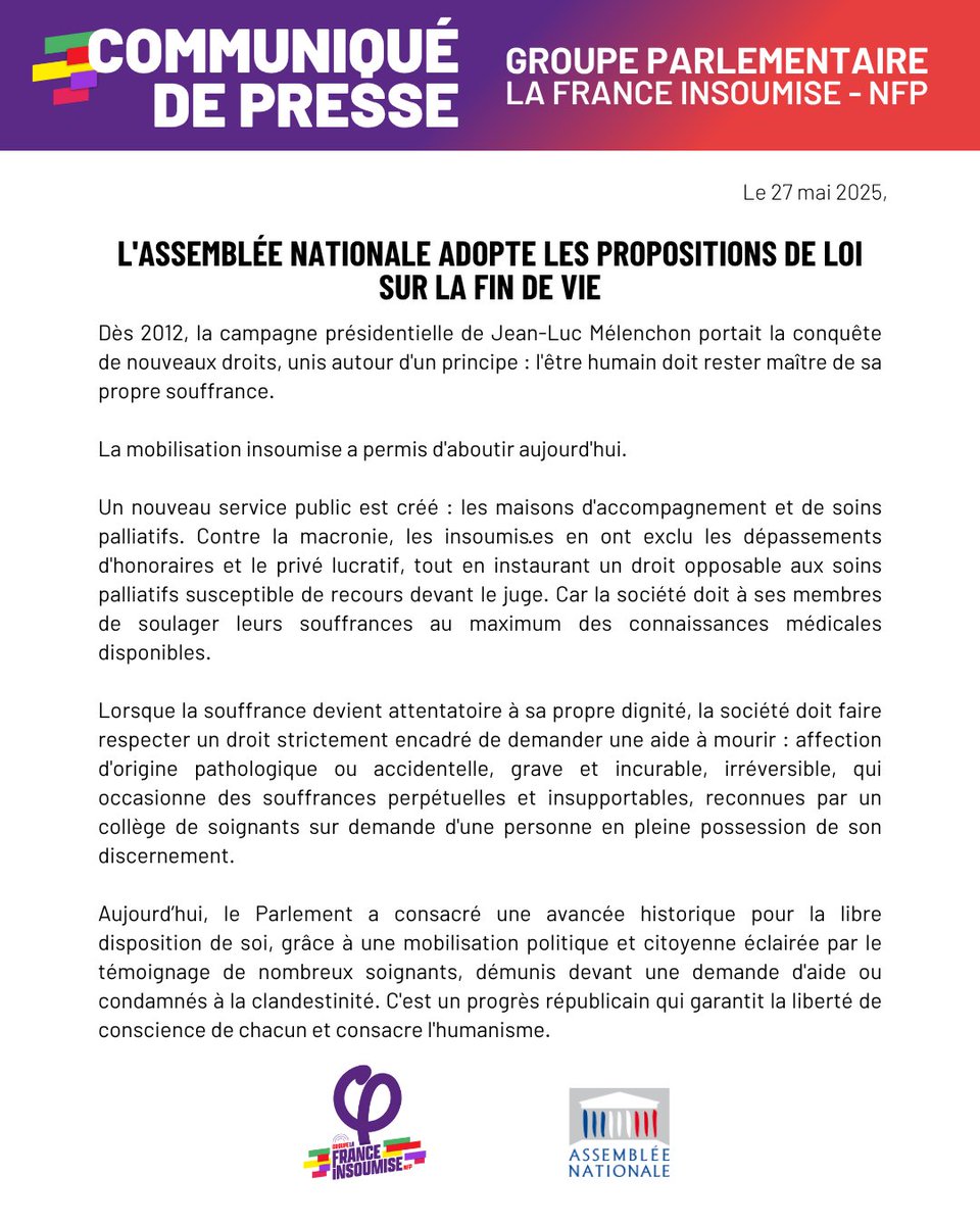 Ugobernalicis's tweet image. 305 voix pour, 199 contre. Le droit à une aide pour mourir franchit une première étape vers la reconnaissance en France. Une avancée majeure pour la dignité en fin de vie. Un choix qui offre enfin un cadre légal à des situations jusqu&apos;alors sans issue.

Un droit nouveau, qui…