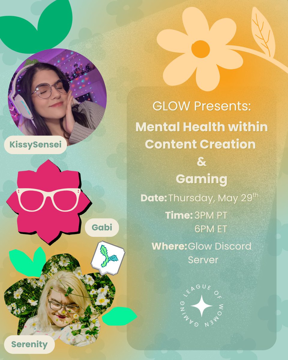 GLOW: Gaming League of Women (@gamingleagueofw) on Twitter photo ✨Exciting Announcement, Glowfriends! ✨
Tune into the GLOW discord server on Thursday, May 29th at 6pm EST for Mental Health within Content Creation & Gaming!
The ever so amazing
<a href="/KissySensei/">💕KissySensei @ a cerfified crashout💕</a> , <a href="/BackseatGabi/">𝘨𝘢𝘣𝘪 🌺 𝘣𝘢𝘤𝘬𝘴𝘦𝘢𝘵 (WOKE)</a> , and <a href="/serenitydiscko/">Serenity Discko</a> will be speaking!
See you there! ✨Exciting Announcement, Glowfriends! ✨
Tune into the GLOW discord server on Thursday, May 29th at 6pm EST for Mental Health within Content Creation & Gaming!
The ever so amazing
<a href="/KissySensei/">💕KissySensei @ a cerfified crashout💕</a> , <a href="/BackseatGabi/">𝘨𝘢𝘣𝘪 🌺 𝘣𝘢𝘤𝘬𝘴𝘦𝘢𝘵 (WOKE)</a> , and <a href="/serenitydiscko/">Serenity Discko</a> will be speaking!
See you there!