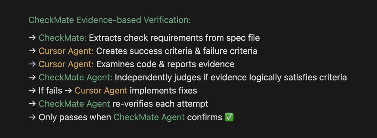 RichardsonDx's tweet image. Your AI just said “Fixed it.”
But did it really?
I’ve been building Checkmate – a tool that challenges AI overconfidence by verifying whether the code actually does what the agent claims.
And with it, I want to define a new kind of spec:
🔮 Spec Oracles
🧵 Let's dive in