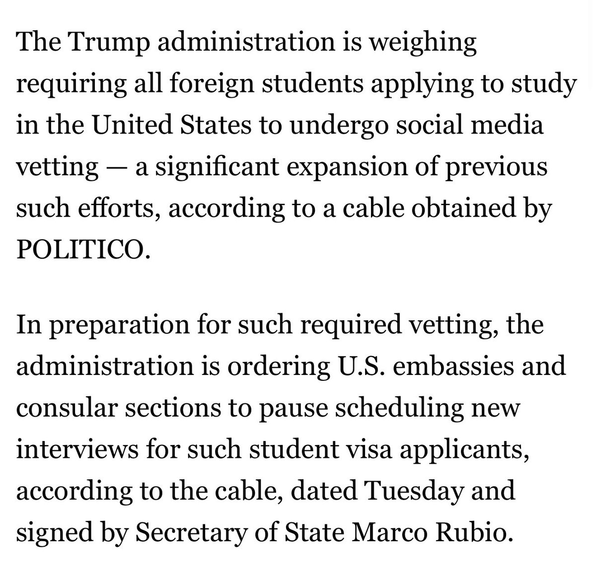 RichardHanania's tweet photo. The admin has paused student visa interviews as they consider adopting social media vetting. They’re finding ways to wreck the country that its critics hadn’t even imagined before. What a disaster. https://t.co/kMPRyGBkHS