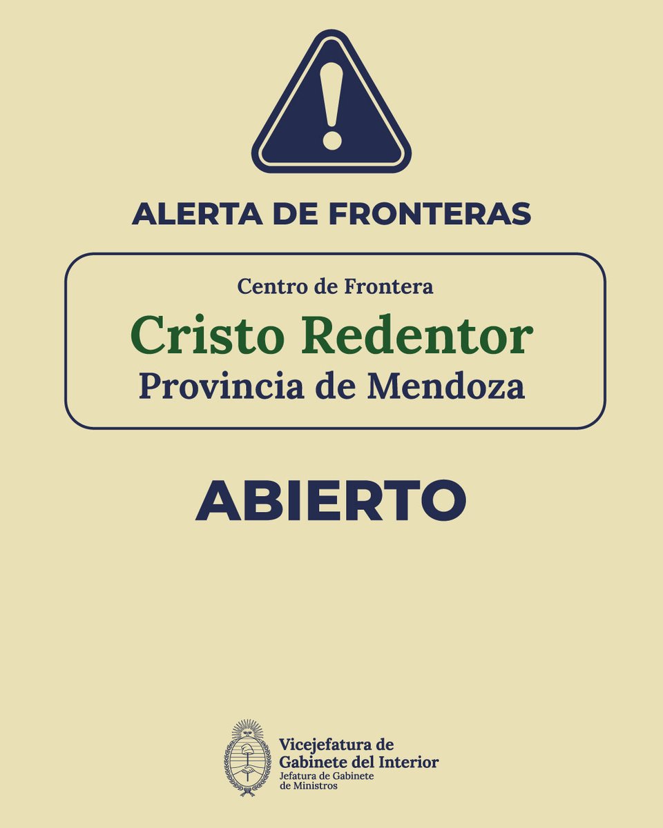El Centro de Frontera Cristo Redentor, en la provincia de Mendoza, se encuentra habilitado. 

🔗 Consultá el estado actualizado en argentina.gob.ar/cristo-redentor