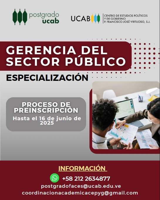 La Facultad de Ciencias Económicas y Sociales, en alianza con <a href="/PolitikaUCAB/">PolítiKa UCAB</a>, ofrece esta especialización a profesionales con interés en:

✅El estudio de la administración y las políticas públicas
✅La aplicación de herramientas analíticas para la investigación con visión