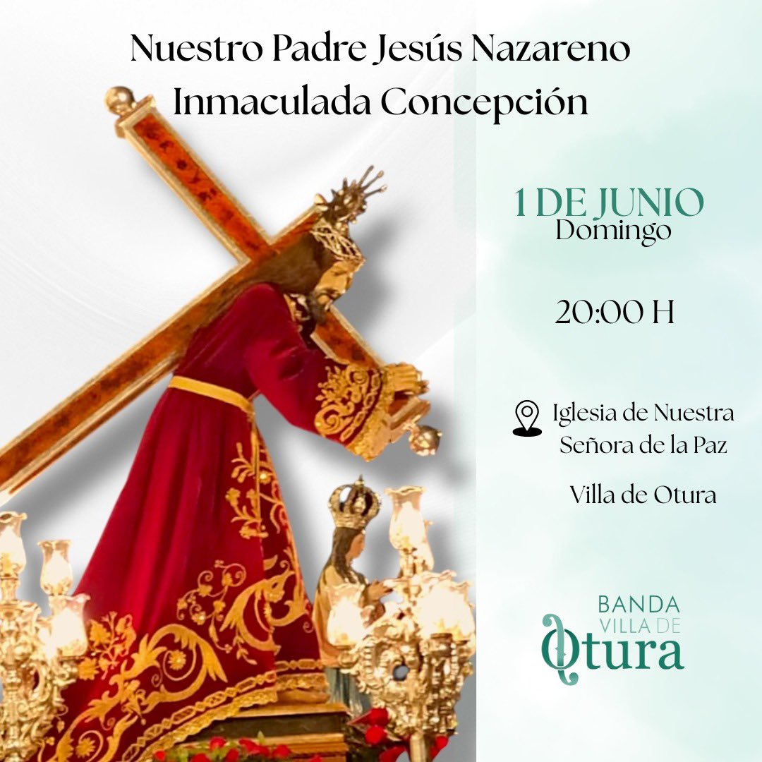 El próximo 𝐃𝐨𝐦𝐢𝐧𝐠𝐨 𝟏 𝐝𝐞 𝐉𝐮𝐧𝐢𝐨 tendremos el placer de acompañar a 𝐍𝐮𝐞𝐬𝐭𝐫𝐨 𝐏𝐚𝐝𝐫𝐞 𝐉𝐞𝐬𝐮́𝐬 𝐍𝐚𝐳𝐚𝐫𝐞𝐧𝐨 y a la 𝐈𝐧𝐦𝐚𝐜𝐮𝐥𝐚𝐝𝐚 𝐂𝐨𝐧𝐜𝐞𝐩𝐜𝐢𝐨́𝐧 en su tradicional procesión.
Os invitamos a disfrutar junto a nosotros de un día tan especial.