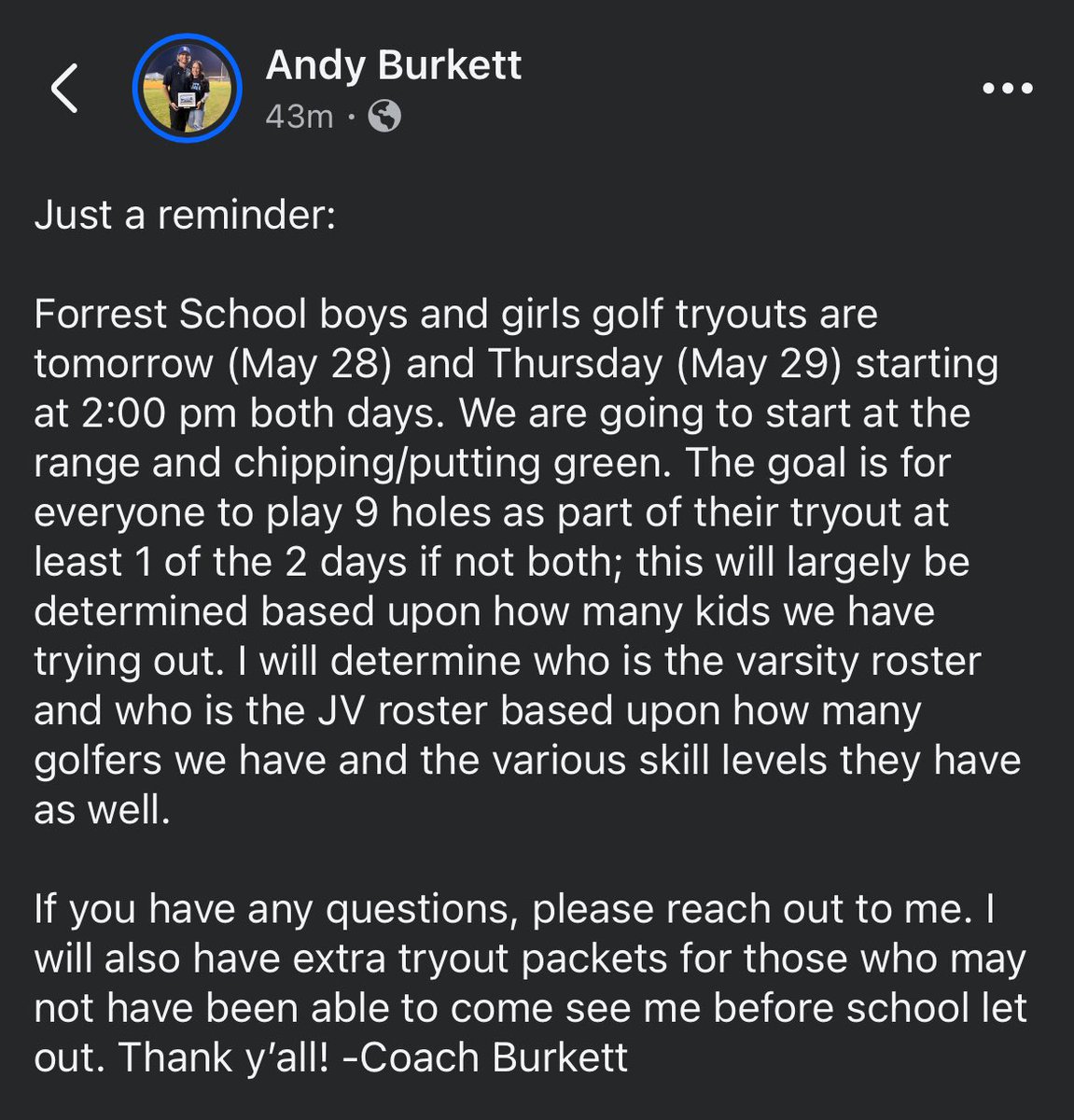 Forrest Boys and Girls golf tryout information. Tryouts at Henry Horton Golf Course.