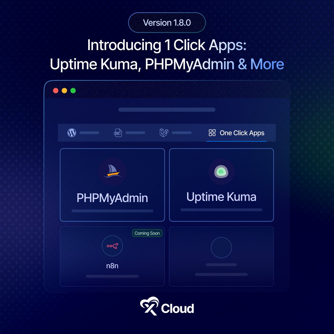 xCloud_host's tweet image. 🚀Introducing v1.8.0 with One-Click Apps. Now you can deploy Uptime Kuma, phpMyAdmin in 1 click – now available on xCloud Hosting. We have more improvements in this release. 

Read more details from the changelog:
xcloud.host/changelog/

#xCloudUpdates #OneClickApps