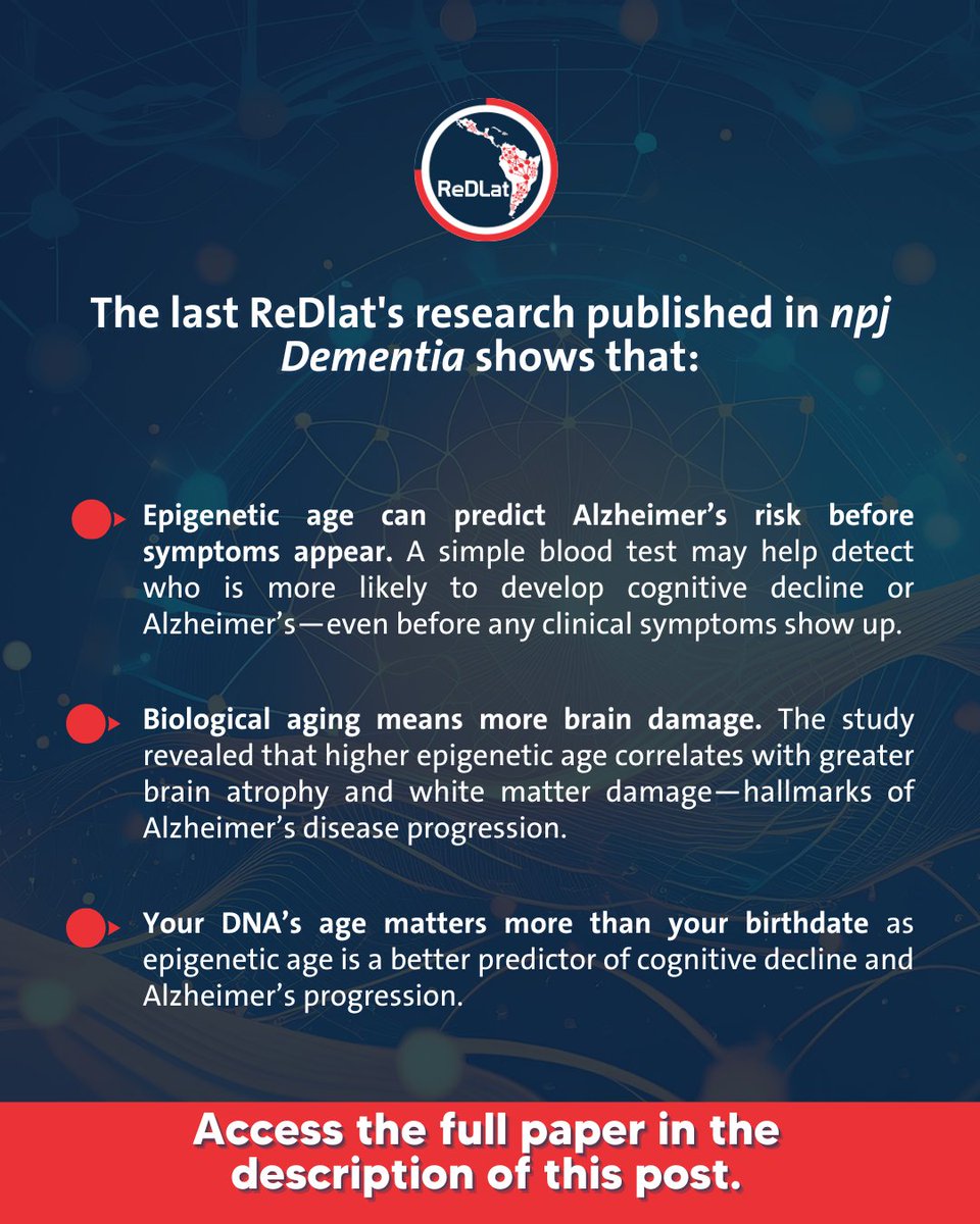 ReDLat Dementia (@redlat_dementia) on Twitter photo 🧠 Did you know your biological age could predict Alzheimer’s risk?
A new study, featuring <a href="/ReDLat_Dementia/">ReDLat Dementia</a> members, reveals that epigenetic age from blood samples is linked to cognitive decline, brain atrophy, and progression to Alzheimer’s disease.
🔗 nature.com/articles/s4440… 🧠 Did you know your biological age could predict Alzheimer’s risk?
A new study, featuring <a href="/ReDLat_Dementia/">ReDLat Dementia</a> members, reveals that epigenetic age from blood samples is linked to cognitive decline, brain atrophy, and progression to Alzheimer’s disease.
🔗 nature.com/articles/s4440…