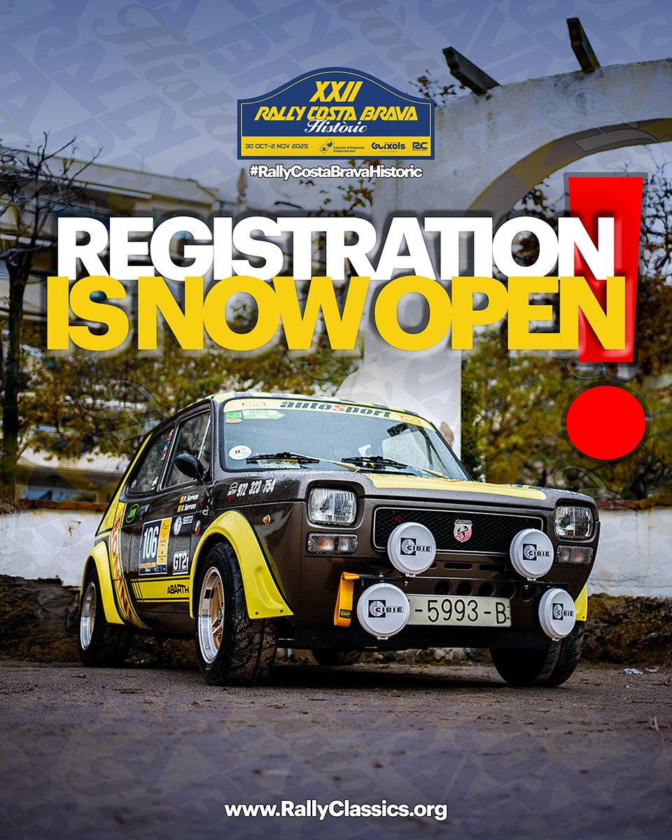 RallyClassics (@rallyclassics) on Twitter photo 🔵 XXII #RallyCostaBravaHistoric (30 Oct - 2 Nov 2025)
👉Inscripcions obertes // Inscripciones abiertas // Inscriptions ouvertes // Registration is now open❗
RALLY INFO ▶rallyclassics.club/xxii-rally-cos…
<a href="/RallyCostaBrava/">Rally Costa Brava</a>
📆 30 Oct - 2 Nov 2025
📍 <a href="/Emp_Castello/">Empuriabrava i Castelló d'Empúries</a> i <a href="/Guixols/">Ajuntament SFG</a> 🔵 XXII #RallyCostaBravaHistoric (30 Oct - 2 Nov 2025)
👉Inscripcions obertes // Inscripciones abiertas // Inscriptions ouvertes // Registration is now open❗
RALLY INFO ▶rallyclassics.club/xxii-rally-cos…
<a href="/RallyCostaBrava/">Rally Costa Brava</a>
📆 30 Oct - 2 Nov 2025
📍 <a href="/Emp_Castello/">Empuriabrava i Castelló d'Empúries</a> i <a href="/Guixols/">Ajuntament SFG</a>