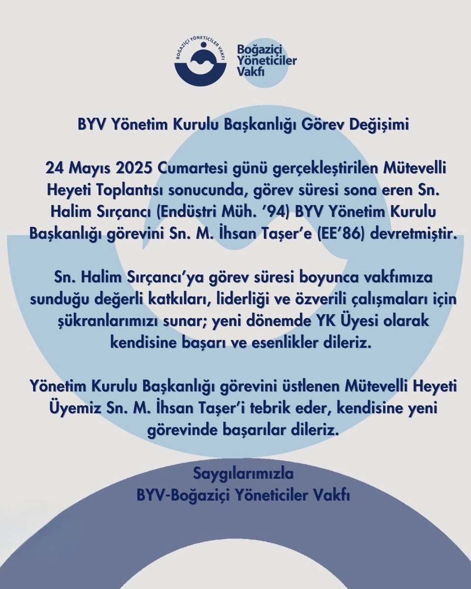 ERHAN ERKEN (@kardelen62) on Twitter photo Boğaziçi Yöneticiler Vakfı Mütevelli Heyeti olarak 24 Mayıs Cumartesi günü yapılan toplantıda 1986 mezunumuz M.İhsan Taşer yeni Vakıf Başkanı olarak seçildi. Hizmetlerinden dolayı Halim Sırçancı kardeşimize teşekkür ediyor yeni başkana ve yönetimine başarılar diliyoruz. <a href="/BYV_/">Boğaziçi Yöneticiler Vakfı</a> Boğaziçi Yöneticiler Vakfı Mütevelli Heyeti olarak 24 Mayıs Cumartesi günü yapılan toplantıda 1986 mezunumuz M.İhsan Taşer yeni Vakıf Başkanı olarak seçildi. Hizmetlerinden dolayı Halim Sırçancı kardeşimize teşekkür ediyor yeni başkana ve yönetimine başarılar diliyoruz. <a href="/BYV_/">Boğaziçi Yöneticiler Vakfı</a>
