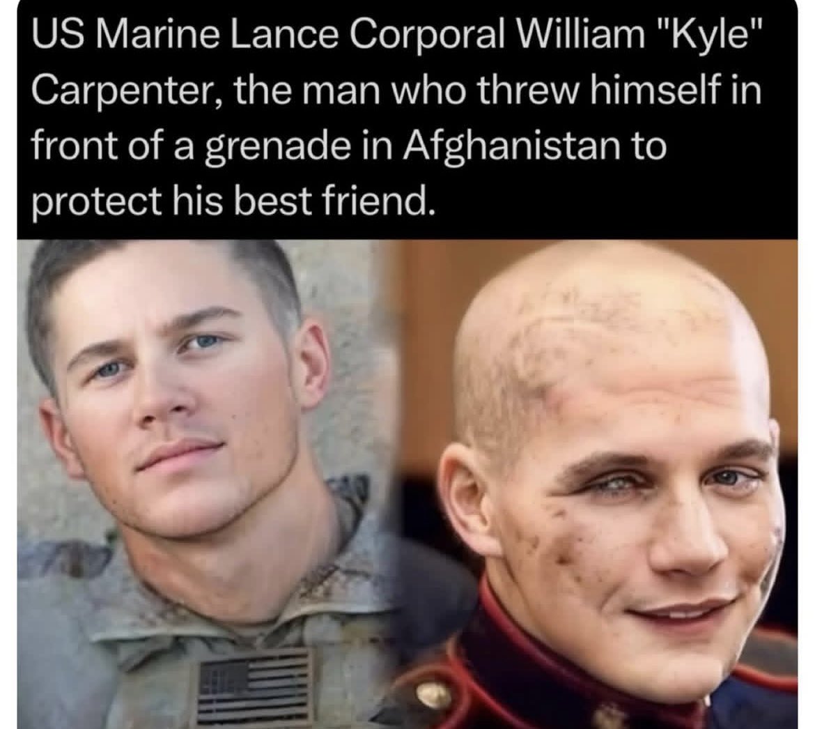 In 2010, U.S. Marine Lance Corporal William "Kyle" Carpenter threw himself on a grenade in Afghanistan to save his fellow Marine, Nicholas Eufrazio. The blast left him severely wounded, but his selfless act saved his friend's life.
After over 40 surgeries and a long recovery,