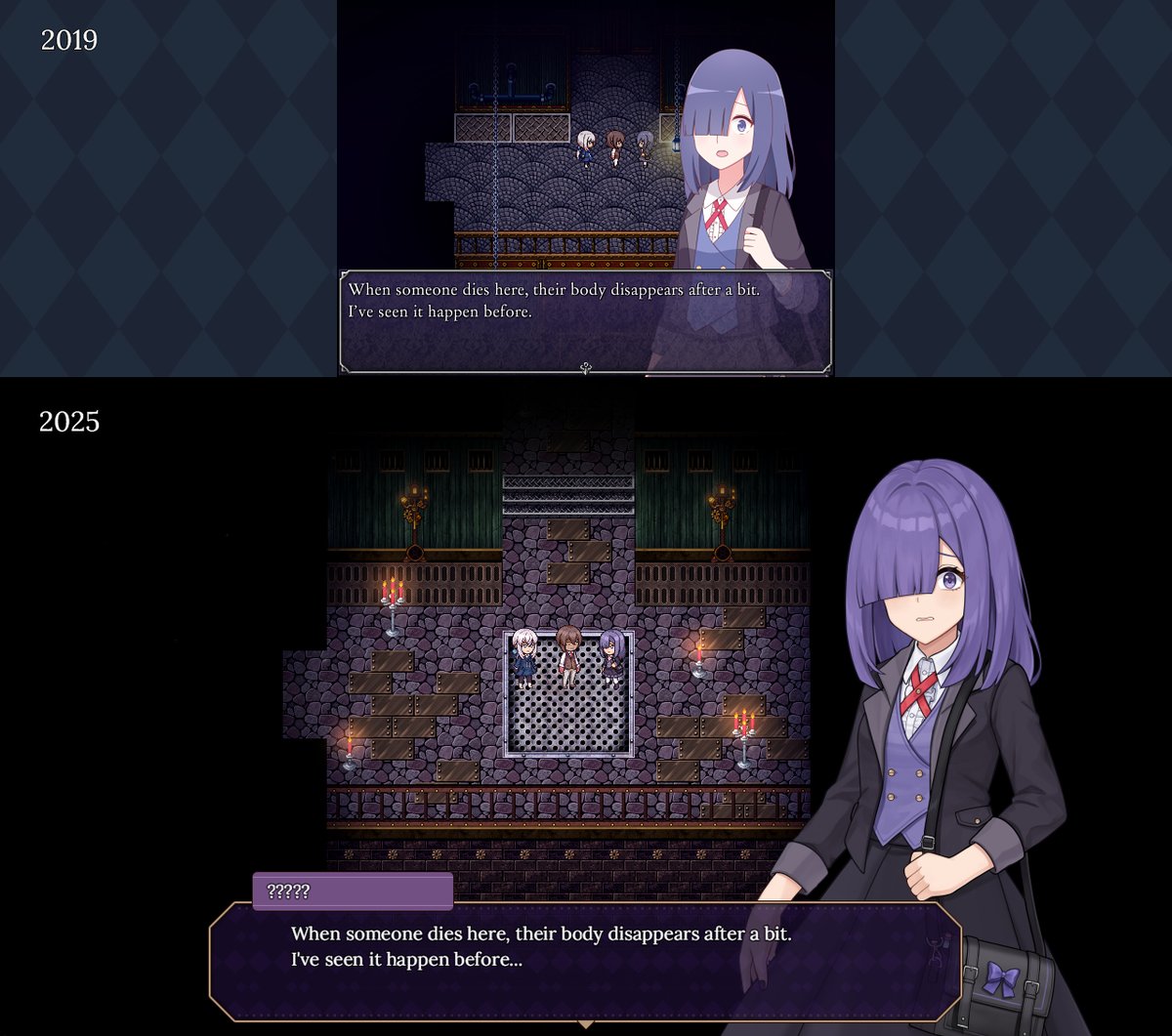 How it started VS How it's going 💜

It's interesting to see how the game has evolved over the years! Thank you for the support all this time! 🥹

#MidnightTrainNewMoon #gamedev #rpgmaker