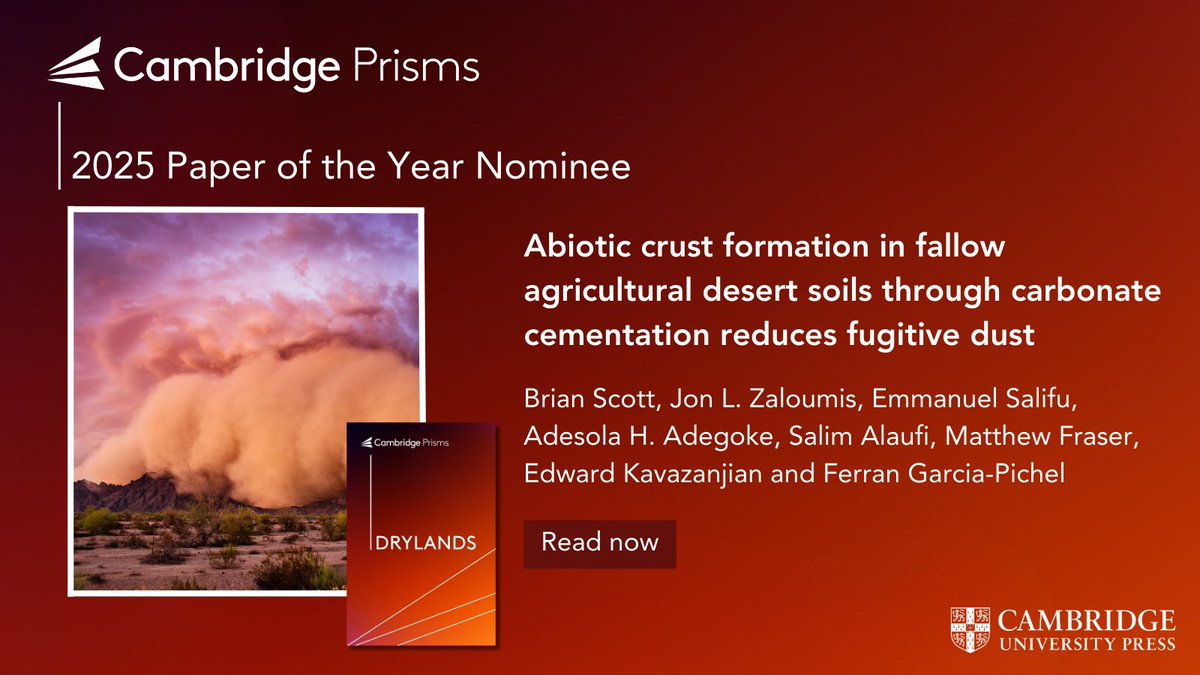Cambridge Prisms (@cambridgeprisms) on Twitter photo Nominated for 2025 Paper of the Year for #CPDrylands:
Abiotic crust formation in fallow agricultural desert soils through carbonate cementation reduces fugitive dust
Check it out here: bit.ly/43i4fhp
<a href="/FerranPichel/">Ferran Garcia-Pichel</a> <a href="/ASU/">Arizona State University</a> #drylands #AbioticCrust #DustStorm #carbonate Nominated for 2025 Paper of the Year for #CPDrylands:
Abiotic crust formation in fallow agricultural desert soils through carbonate cementation reduces fugitive dust
Check it out here: bit.ly/43i4fhp
<a href="/FerranPichel/">Ferran Garcia-Pichel</a> <a href="/ASU/">Arizona State University</a> #drylands #AbioticCrust #DustStorm #carbonate