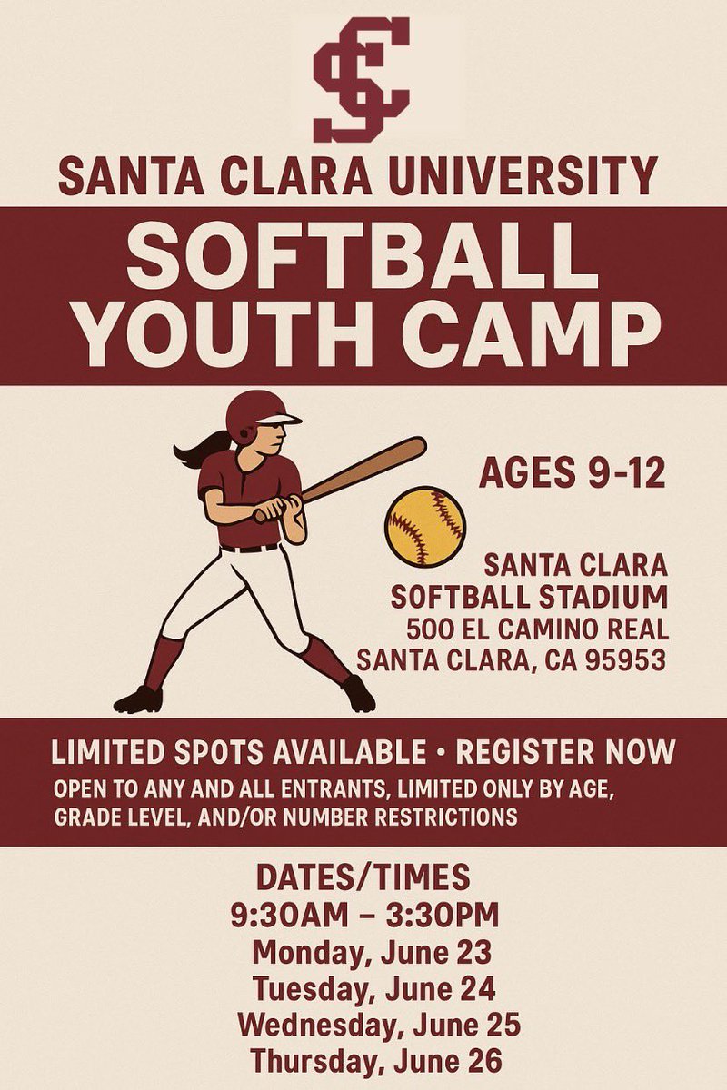 SCUSoftball's tweet image. Santa Clara Softball Youth Camps are HERE ‼️

Sign up today! Limited spots are available!

#StampedeTogether