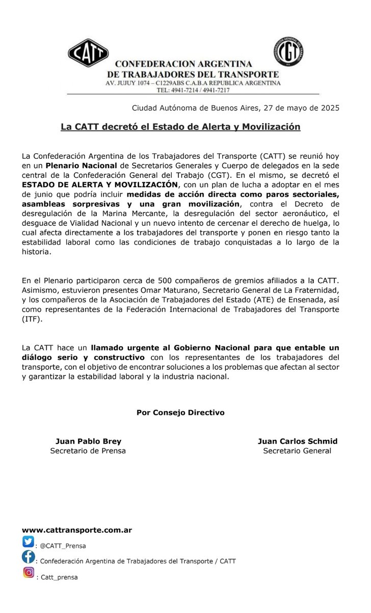 #Comunicado

La CATT decretó el Estado de Alerta y Movilización, con un plan de lucha a adoptar en el mes de junio que podría incluir medidas de acción directa como paros sectoriales, asambleas sorpresivas y una gran movilización.

#CATT #Sindicatos