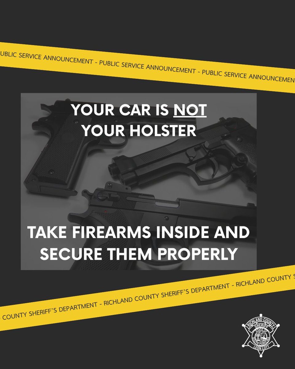 Over the weekend, RCSD responded to several vehicle break-ins where firearms were reported stolen. RCSD would like to remind everyone that your car is not your holster. Please take all firearms inside and secure them in a proper and safe place!  #TeamRCSD