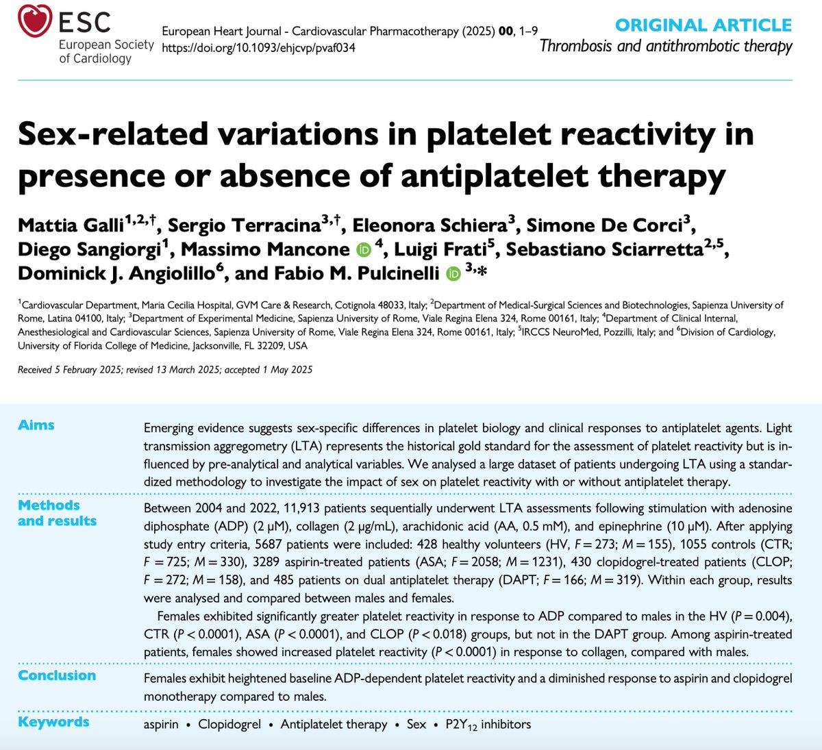 With almost 12,000 patients undergoing Light Trasmission Aggregometry over 20 years, this study is among the largest exploring sex-related variability in platelet reactivity, highlighting potential implications for personalized antiplatelet therapy. 

bit.ly/4kGEdu4