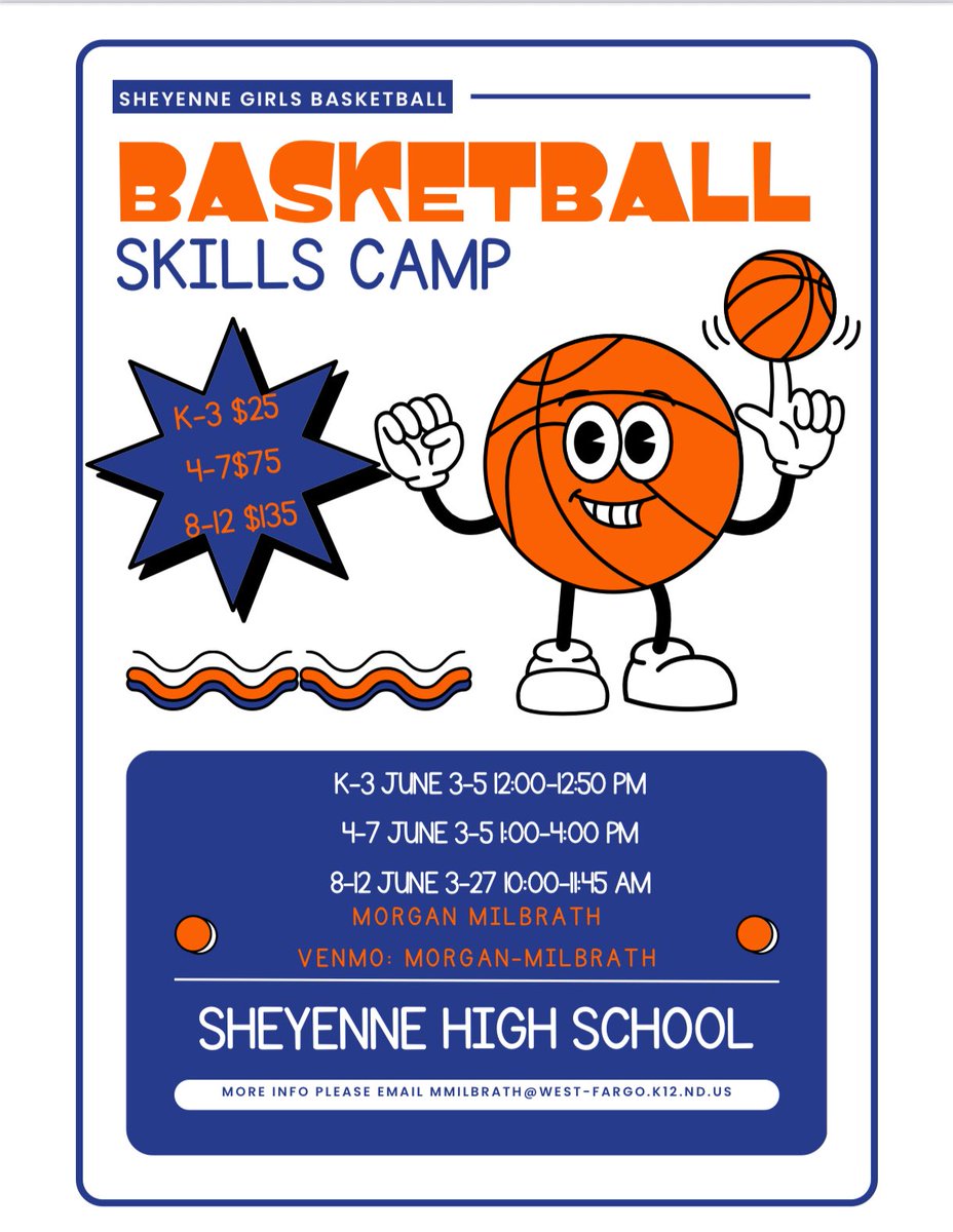 Join us for the Sheyenne Girls Basketball Skills Camp this summer! A great opportunity to learn, grow, and have fun! Below is the information, dates, and times. We look forward to seeing you there! Register here:

shs.web.west-fargo.k12.nd.us/programs/activ…