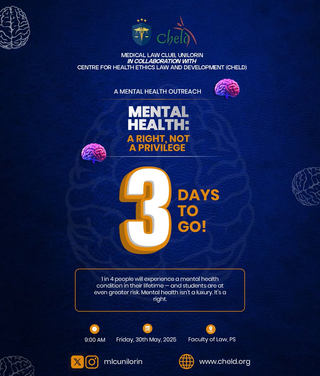 mlcunilorin's tweet photo. 3⃣ Days to go!

MLC UNILORIN in collaboration with CHELD presents a powerful Mental Health Outreach: "Mental Health: A Right, Not a Privilege."

Join us to raise awareness, and push for mental health justice.

Register: https://t.co/G1zSXbvVaL

#CHELD #MLCUnilorin https://t.co/OAS96lE4CO