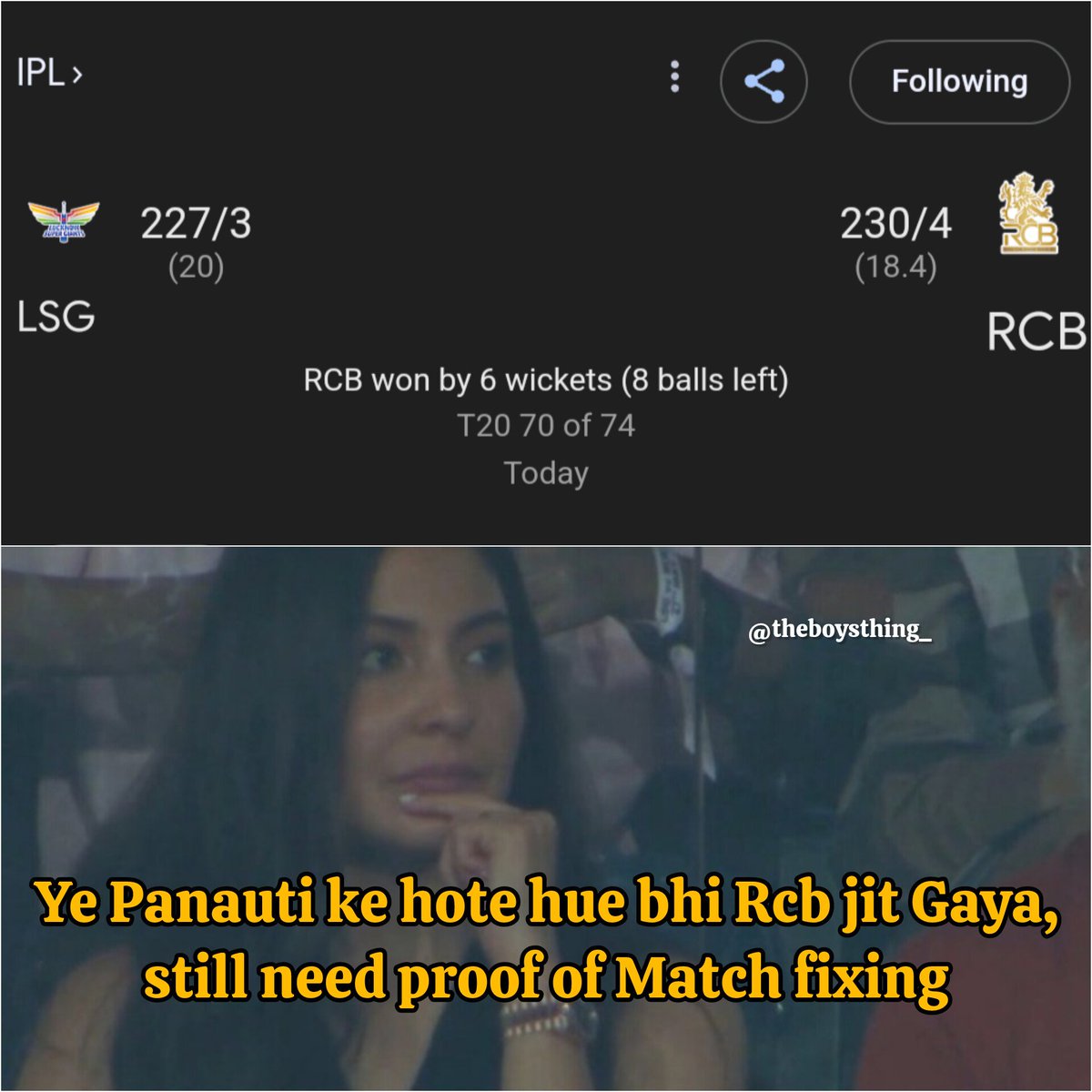 theboysthing07's tweet photo. #RCBvsLSG
Lucknow &amp; Banglore match was Fixed 💦 https://t.co/es7VpQ60gF
