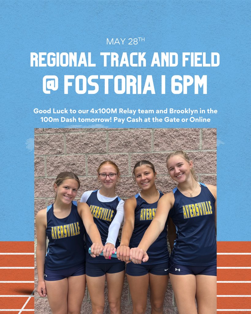 🎽 Regional Track &amp; Field @ Fostoria | 6 PM
Good luck to our Girls 4x100M Relay Team and Brooklyn in the 100M Dash tomorrow! 💪🔥
🎟 Tickets: Pay cash at the gate or purchase online at ohsaa.org/tickets
🚗 Parking: $5 CASH ONLY
Let’s go show our support! 🏃‍♀️
